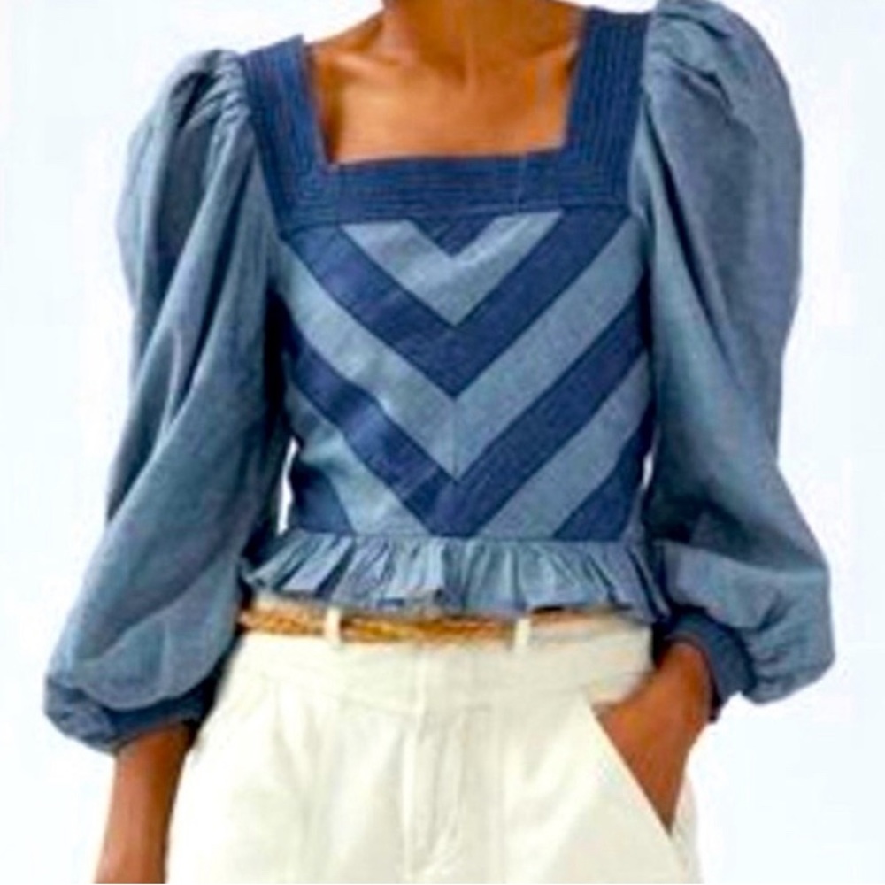 ANTHROPOLOGIE LOVE THE LABEL Puff Sleeve Ruffle Hem Denim Blouse Size L
